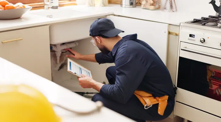 Licensed plumber performing a plumbing inspection under a sink in McLean County Description: Everything Water performing a detailed plumbing inspection to check for leaks, corrosion, and system performance inside a McLean County home.