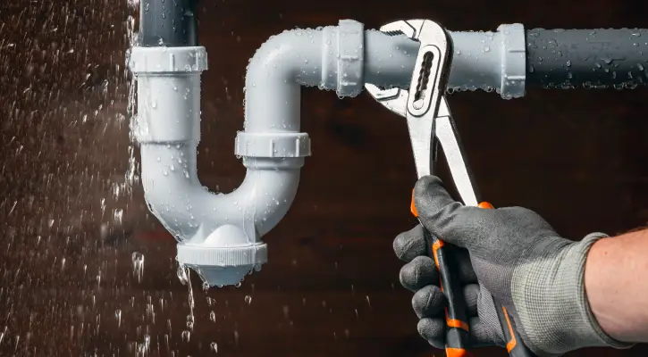 Plumber repairing a leaking pipe as part of residential plumbing repair services